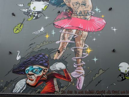 Grafitti kunst op de stadsschouwburg de Harmonie,  Ruiterskwartier